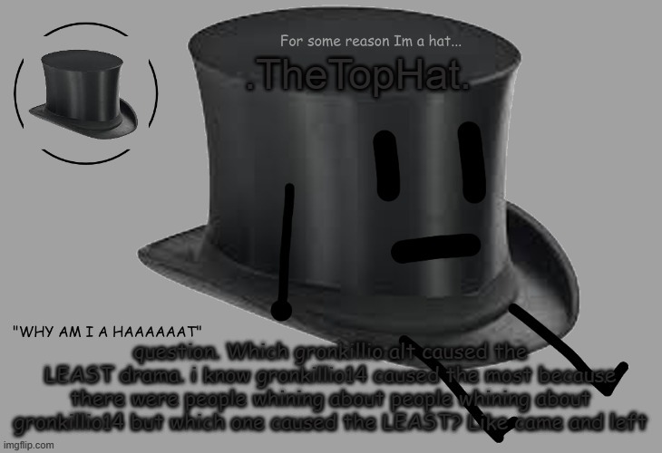 Top Hat announcement temp | question. Which gronkillio alt caused the LEAST drama. i know gronkillio14 caused the most because there were people whining about people whining about gronkillio14 but which one caused the LEAST? Like came and left | image tagged in top hat announcement temp | made w/ Imgflip meme maker