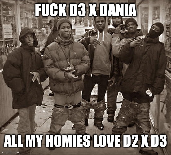 All My Homies Hate | FUCK D3 X DANIA ALL MY HOMIES LOVE D2 X D3 | image tagged in all my homies hate | made w/ Imgflip meme maker
