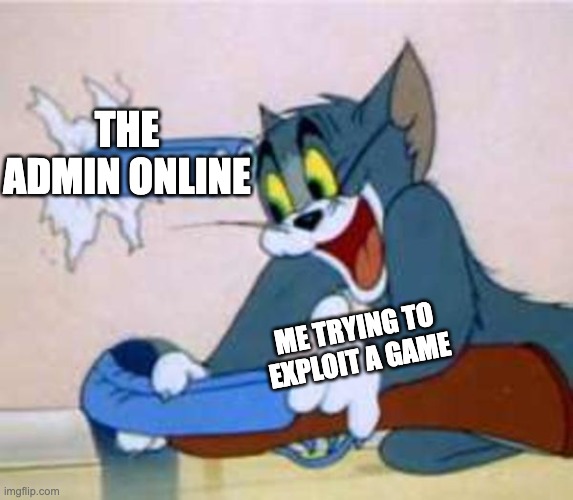 tom the cat shooting himself  | THE ADMIN ONLINE; ME TRYING TO EXPLOIT A GAME | image tagged in tom the cat shooting himself | made w/ Imgflip meme maker