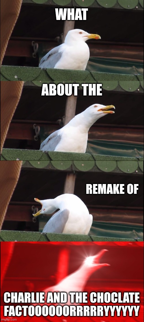 WHAT ABOUT THE REMAKE OF CHARLIE AND THE CHOCLATE FACTOOOOOORRRRRYYYYYY | image tagged in memes,inhaling seagull | made w/ Imgflip meme maker