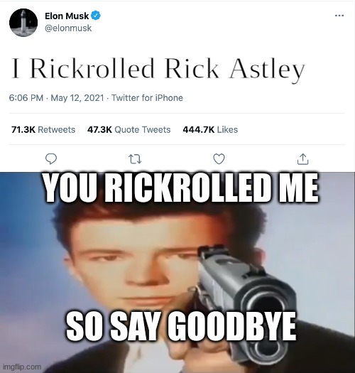 Rickroll | I Rickrolled Rick Astley; YOU RICKROLLED ME; SO SAY GOODBYE | image tagged in elon musk blank tweet,say goodbye,rickroll,elon musk,rick astley | made w/ Imgflip meme maker