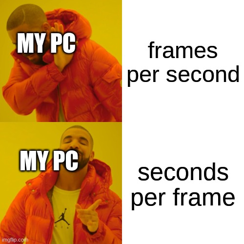 relatable | frames per second; MY PC; seconds per frame; MY PC | image tagged in memes,drake hotline bling,hot | made w/ Imgflip meme maker