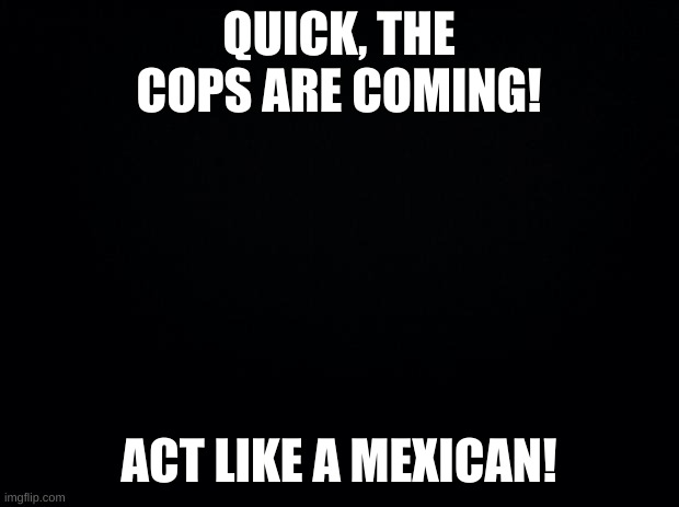 Black background | QUICK, THE COPS ARE COMING! ACT LIKE A MEXICAN! | image tagged in black background | made w/ Imgflip meme maker