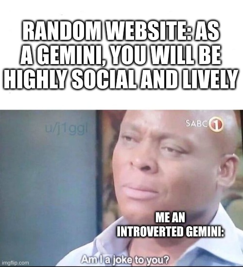how are you? :) | RANDOM WEBSITE: AS A GEMINI, YOU WILL BE HIGHLY SOCIAL AND LIVELY; ME AN INTROVERTED GEMINI: | image tagged in am i a joke to you,memes,relatable | made w/ Imgflip meme maker