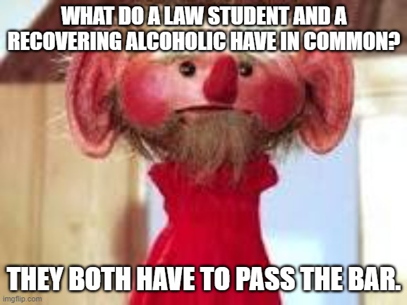 Scrawl | WHAT DO A LAW STUDENT AND A RECOVERING ALCOHOLIC HAVE IN COMMON? THEY BOTH HAVE TO PASS THE BAR. | image tagged in scrawl | made w/ Imgflip meme maker