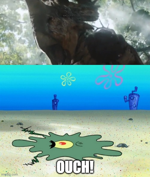 Plankton Got Run Over By A Sinoceratops | OUCH! | image tagged in jurassic park,jurassic world,dinosaurs,plankton,spongebob squarepants | made w/ Imgflip meme maker