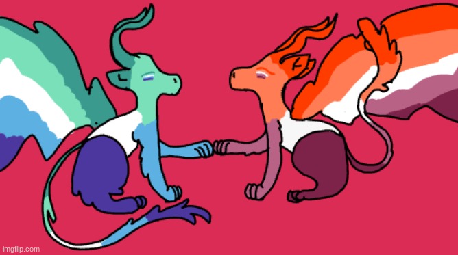 Gay man and lesbian flag dragons! happy pride month! I love that they matchhh | image tagged in pride,lesbian,gay pride,pride month,dragons,drawing | made w/ Imgflip meme maker