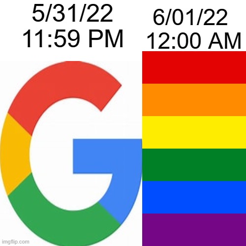It's that time of year again... |  5/31/22
11:59 PM; 6/01/22 
12:00 AM | image tagged in pride,lgbtq,gay,lesbian,bisexual,transgender | made w/ Imgflip meme maker
