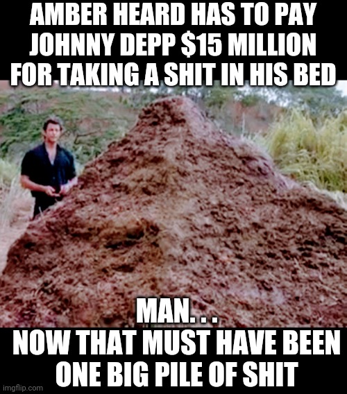 Oopsey Poopy | AMBER HEARD HAS TO PAY JOHNNY DEPP $15 MILLION FOR TAKING A SHIT IN HIS BED; MAN. . .
NOW THAT MUST HAVE BEEN ONE BIG PILE OF SHIT | image tagged in amber,johnny,liberals,democrats,leftists,hollywood | made w/ Imgflip meme maker