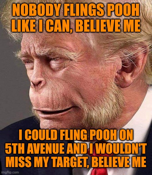 Flinger | NOBODY FLINGS POOH LIKE I CAN, BELIEVE ME; I COULD FLING POOH ON 5TH AVENUE AND I WOULDN'T MISS MY TARGET, BELIEVE ME | image tagged in planet of the trumps | made w/ Imgflip meme maker