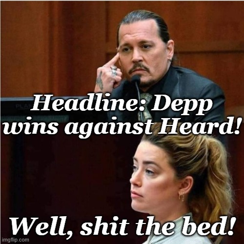 Depp | Headline: Depp wins against Heard! Well, shit the bed! | image tagged in amber and johnny | made w/ Imgflip meme maker