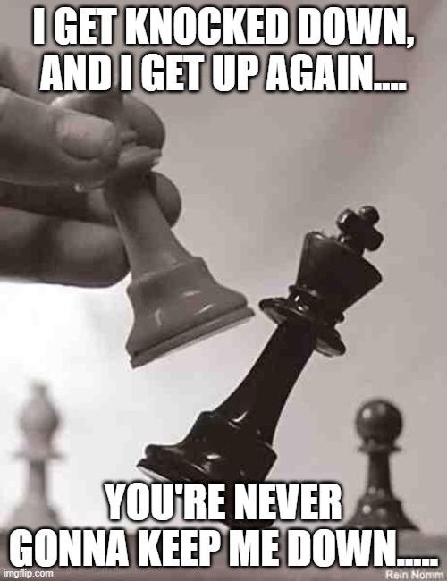 Checkmate? Or another round? | I GET KNOCKED DOWN, AND I GET UP AGAIN.... YOU'RE NEVER GONNA KEEP ME DOWN..... | image tagged in checkmate,another round,who knows chess,rules of chess,its not wether you win or lose its how you play the game | made w/ Imgflip meme maker
