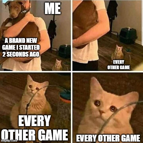Sad Cat Holding Dog | ME; A BRAND NEW GAME I STARTED 2 SECONDS AGO; EVERY OTHER GAME; EVERY OTHER GAME; EVERY OTHER GAME | image tagged in sad cat holding dog | made w/ Imgflip meme maker
