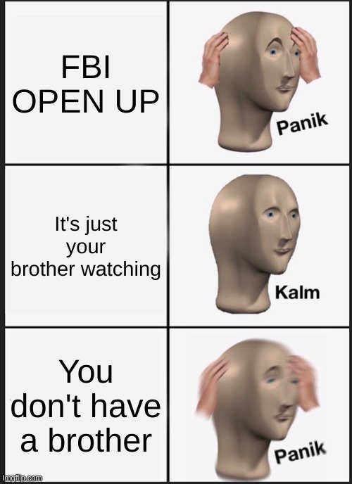 Panik Kalm Panik | FBI OPEN UP; It's just your brother watching; You don't have a brother | image tagged in memes,panik kalm panik | made w/ Imgflip meme maker
