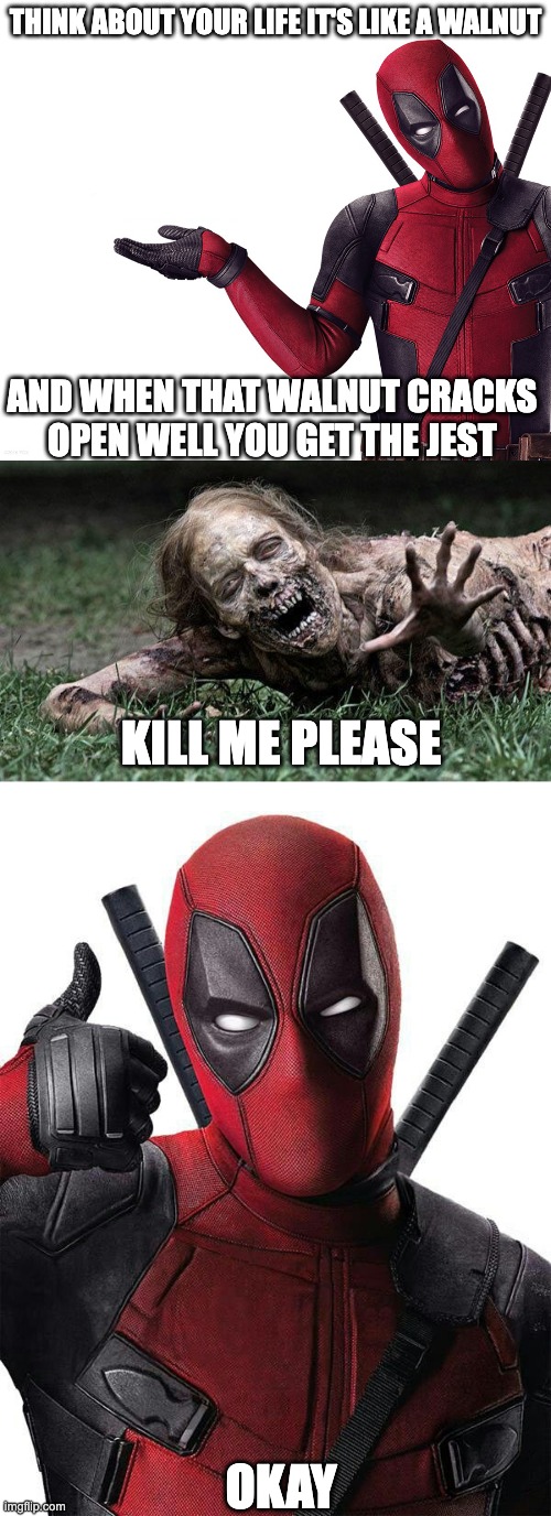 A horrible fact with deadpool | THINK ABOUT YOUR LIFE IT'S LIKE A WALNUT; AND WHEN THAT WALNUT CRACKS OPEN WELL YOU GET THE JEST; KILL ME PLEASE; OKAY | image tagged in deadpool head tilt squint funny look question,walking dead zombie,deadpool thumbs up | made w/ Imgflip meme maker