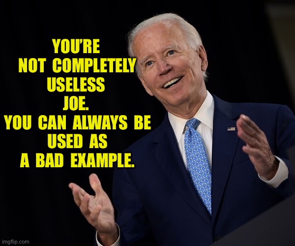 Joe Biden | YOU’RE  NOT  COMPLETELY USELESS  JOE. 
YOU  CAN  ALWAYS  BE  USED  AS  A  BAD  EXAMPLE. | image tagged in joe biden fail of the day,not completely useless,used as,bad,example | made w/ Imgflip meme maker