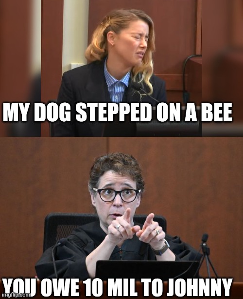 Johnny Wins | MY DOG STEPPED ON A BEE; YOU OWE 10 MIL TO JOHNNY | image tagged in johnny depp,amber heard | made w/ Imgflip meme maker