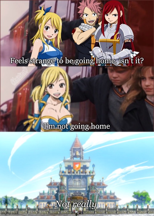 Fairy Tail Meme Harry Potter Crossover | Feels strange to be going home, isn’t it? I’m not going home; Not really | image tagged in memes,fairy tail,harry potter,anime,crossover,fairy tail meme | made w/ Imgflip meme maker