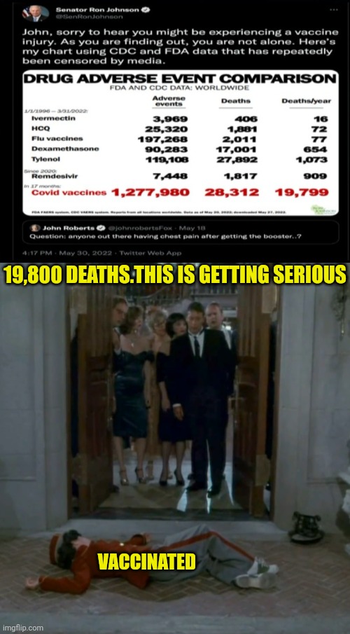 Clue Vaccine Deaths | 19,800 DEATHS.THIS IS GETTING SERIOUS; VACCINATED | image tagged in clue,tim curry,vaccine,death | made w/ Imgflip meme maker