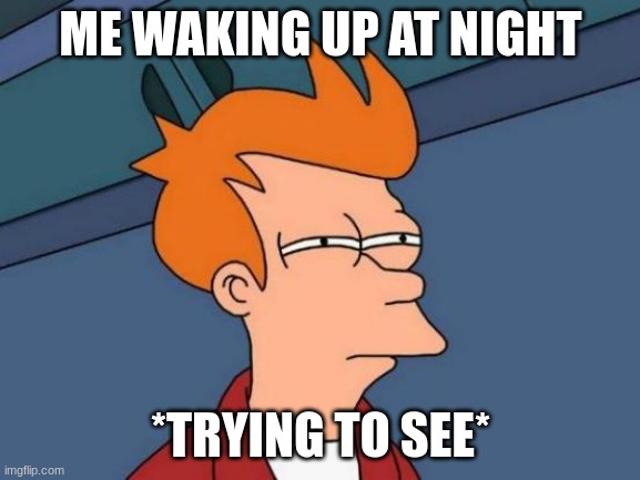 Night Vision here I come | ME WAKING UP AT NIGHT; *TRYING TO SEE* | image tagged in memes,futurama fry | made w/ Imgflip meme maker
