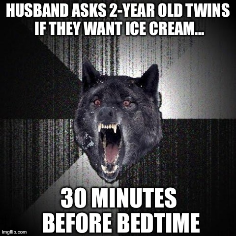 Insanity Wolf Meme | HUSBAND ASKS 2-YEAR OLD TWINS IF THEY WANT ICE CREAM... 30 MINUTES BEFORE BEDTIME | image tagged in memes,insanity wolf | made w/ Imgflip meme maker
