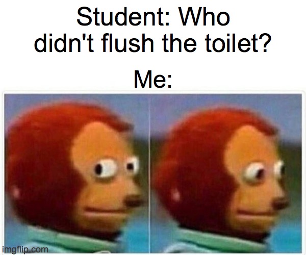 Monkey Puppet Meme | Student: Who didn't flush the toilet? Me: | image tagged in memes,monkey puppet | made w/ Imgflip meme maker