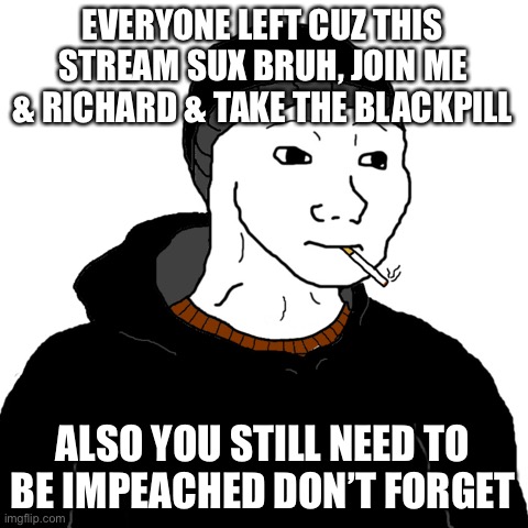 My reply to .Incognitoguy. which I can’t post because I got timered again for being a politics troll. Cya in 8 hours | EVERYONE LEFT CUZ THIS STREAM SUX BRUH, JOIN ME & RICHARD & TAKE THE BLACKPILL; ALSO YOU STILL NEED TO BE IMPEACHED DON’T FORGET | image tagged in doomer,blackpill,i_p sux,bruh,damn,it really do be like that sometimes | made w/ Imgflip meme maker
