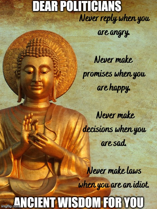 Dear politicians | DEAR POLITICIANS; ANCIENT WISDOM FOR YOU | image tagged in buddha | made w/ Imgflip meme maker