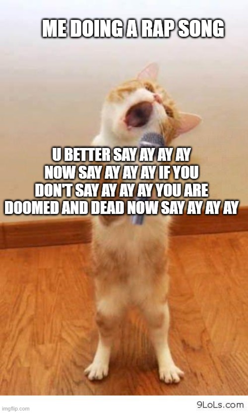 Rapping | ME DOING A RAP SONG; U BETTER SAY AY AY AY NOW SAY AY AY AY IF YOU DON'T SAY AY AY AY YOU ARE DOOMED AND DEAD NOW SAY AY AY AY | image tagged in cat singer | made w/ Imgflip meme maker