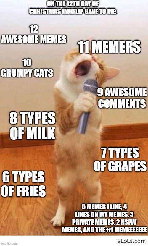 Awesome 12 Days Or Christmas Meme | ON THE 12TH DAY OF CHRISTMAS IMGFLIP GAVE TO ME:; 12 AWESOME MEMES; 11 MEMERS; 10 GRUMPY CATS; 9 AWESOME COMMENTS; 8 TYPES OF MILK; 7 TYPES OF GRAPES; 6 TYPES OF FRIES; 5 MEMES I LIKE, 4 LIKES ON MY MEMES, 3 PRIVATE MEMES, 2 NSFW MEMES, AND THE #1 MEMEEEEEEE | image tagged in cat singer | made w/ Imgflip meme maker