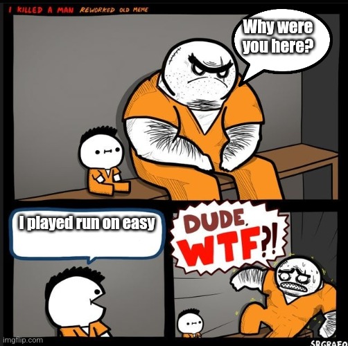 Srgrafo dude wtf | Why were you here? I played run on easy | image tagged in srgrafo dude wtf | made w/ Imgflip meme maker
