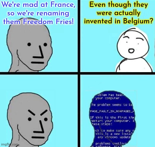 Invented in 1680; the cancel culture renaming was 2003-2006. | We're mad at France,
so we're renaming them Freedom Fries! Even though they were actually invented in Belgium? | image tagged in npc blue screen,mistake,food,names for things,french fries,you're not just wrong your stupid | made w/ Imgflip meme maker