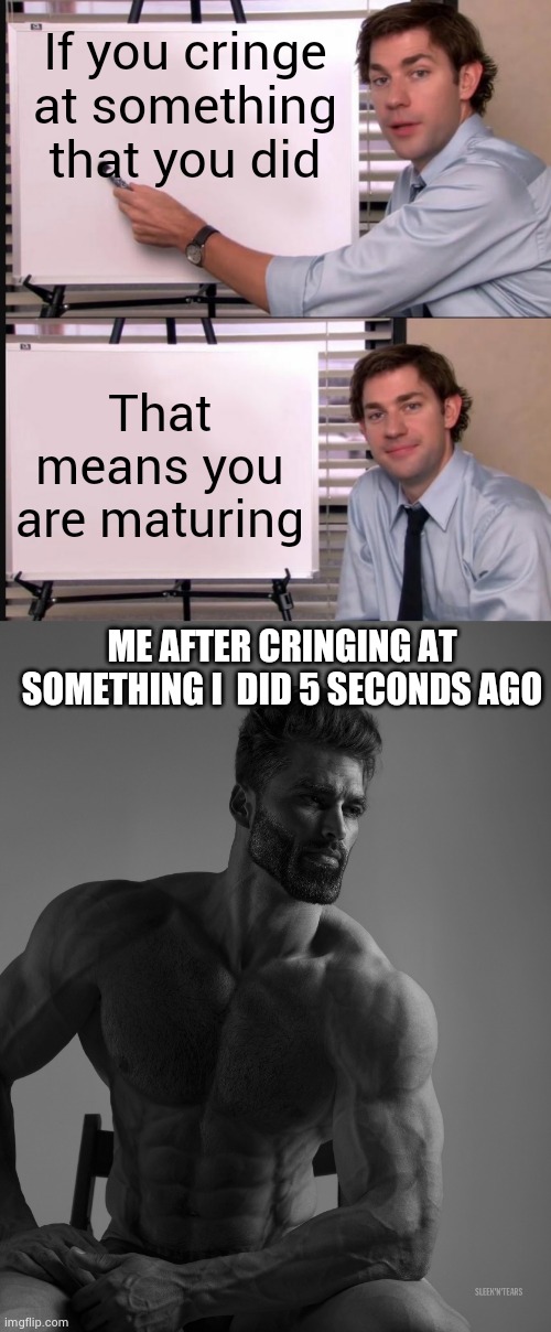 If you cringe at something that you did; That means you are maturing; ME AFTER CRINGING AT SOMETHING I  DID 5 SECONDS AGO | image tagged in jim halpert pointing to whiteboard,giga chad | made w/ Imgflip meme maker