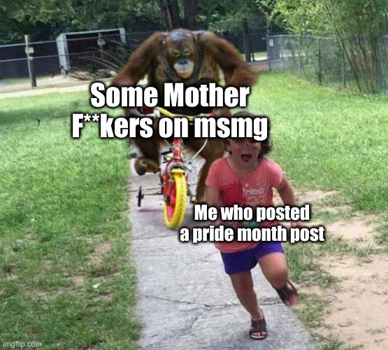 Run! | Some Mother F**kers on msmg; Me who posted a pride month post | image tagged in run | made w/ Imgflip meme maker