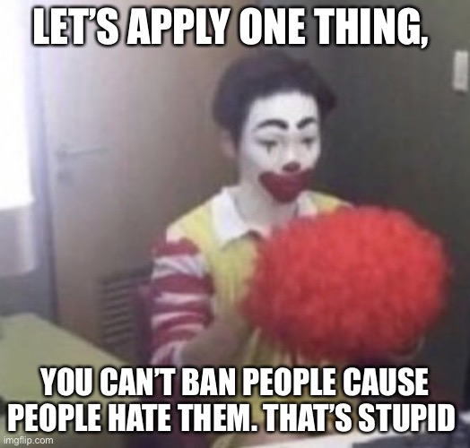 me asf | LET’S APPLY ONE THING, YOU CAN’T BAN PEOPLE CAUSE PEOPLE HATE THEM. THAT’S STUPID | image tagged in me asf | made w/ Imgflip meme maker