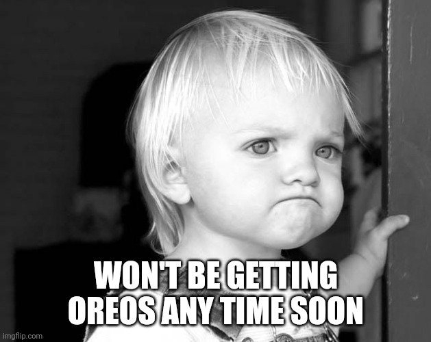 FROWN KID | WON'T BE GETTING OREOS ANY TIME SOON | image tagged in frown kid | made w/ Imgflip meme maker