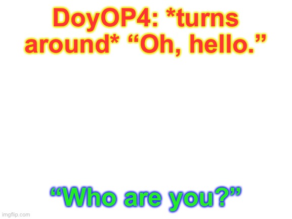 This stream is already exceeding my expectations... | DoyOP4: *turns around* “Oh, hello.”; “Who are you?” | image tagged in blank white template,doyop4,roleplay | made w/ Imgflip meme maker