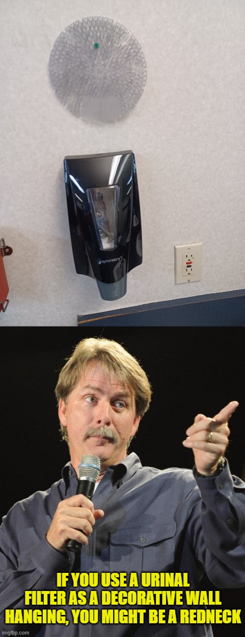 Object d'art it is not. | IF YOU USE A URINAL FILTER AS A DECORATIVE WALL HANGING, YOU MIGHT BE A REDNECK | image tagged in jeff foxworthy,urinal screen,you had one job | made w/ Imgflip meme maker