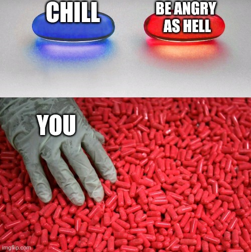 Blue or red pill | CHILL BE ANGRY 
AS HELL YOU | image tagged in blue or red pill | made w/ Imgflip meme maker