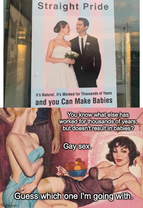 Happy Pride Month | You know what else has worked for thousands of years, but doesn't result in babies? Gay sex. Guess which one I'm going with. | image tagged in lgbtq,pride month,babies,lesbians,homophobic | made w/ Imgflip meme maker