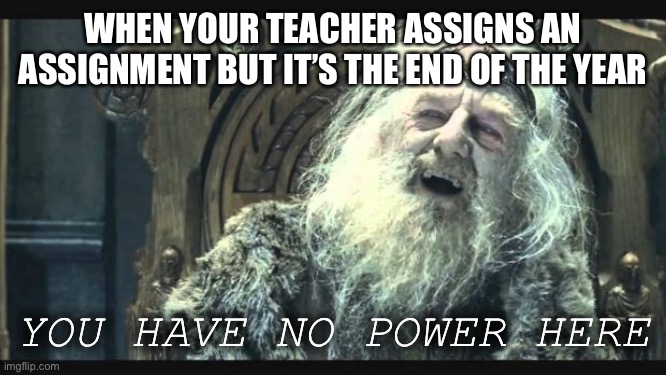 that final worth 70% of my grade isn’t gonna affects me… |  WHEN YOUR TEACHER ASSIGNS AN ASSIGNMENT BUT IT’S THE END OF THE YEAR; YOU HAVE NO POWER HERE | image tagged in you have no power here | made w/ Imgflip meme maker