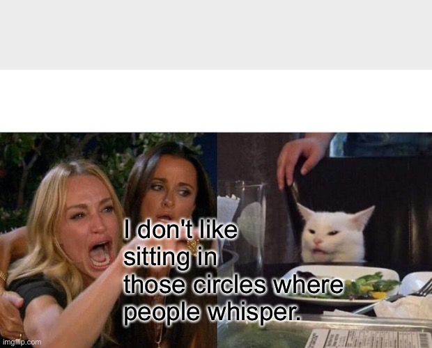 Yelling is healthy | I don't like sitting in those circles where people whisper. | image tagged in memes,woman yelling at cat | made w/ Imgflip meme maker