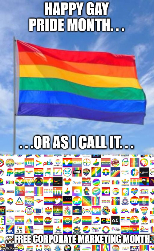 Free marketing is free marketing. | HAPPY GAY PRIDE MONTH. . . . . .OR AS I CALL IT. . . . . .FREE CORPORATE MARKETING MONTH. | image tagged in gay pride flag,oligarchy,stupid people | made w/ Imgflip meme maker