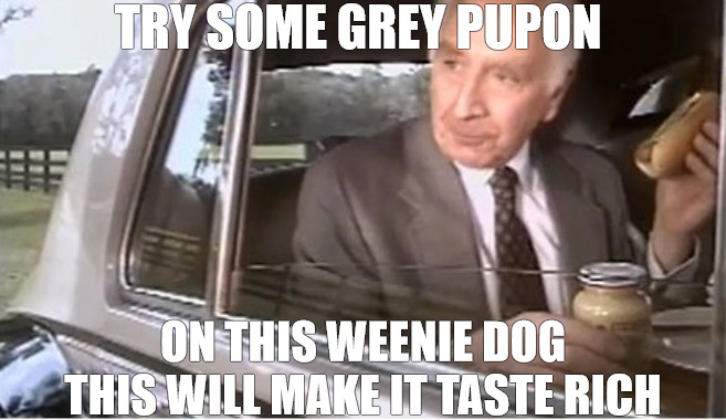 TASTE THIS BRUH | TRY SOME GREY PUPON; ON THIS WEENIE DOG THIS WILL MAKE IT TASTE RICH | image tagged in grey pupon | made w/ Imgflip meme maker