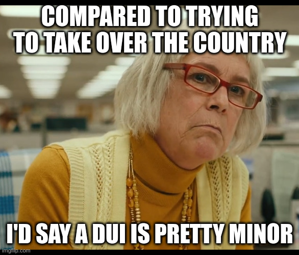 Auditor Bitch | COMPARED TO TRYING TO TAKE OVER THE COUNTRY; I'D SAY A DUI IS PRETTY MINOR | image tagged in auditor bitch | made w/ Imgflip meme maker