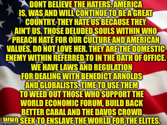 America is a Great Country | DONT BELIEVE THE HATERS. AMERICA IS, WAS AND WILL CONTINUE TO BE A GREAT COUNTRY. THEY HATE US BECAUSE THEY AIN’T US. THOSE DELUDED SOULS WITHIN WHO PREACH HATE FOR OUR CULTURE AND AMERICAN VALUES, DO NOT LOVE HER. THEY ARE THE DOMESTIC ENEMY WITHIN REFERRED TO IN THE OATH OF OFFICE. WE HAVE LAWS AND REGULATION FOR DEALING WITH BENEDICT ARNOLDS AND GLOBALISTS. TIME TO USE THEM TO WEED OUT THOSE WHO SUPPORT THE WORLD ECONOMIC FORUM, BUILD BACK BETTER CABAL AND THE DAVOS CROWD WHO SEEK TO ENSLAVE THE WORLD FOR THE ELITES. | image tagged in american flag,deny the lies,haters gonna hate,usa usa | made w/ Imgflip meme maker