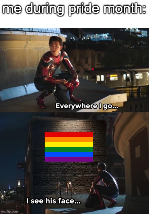 he's everywhere now | me during pride month: | image tagged in everywhere i go i see his face | made w/ Imgflip meme maker