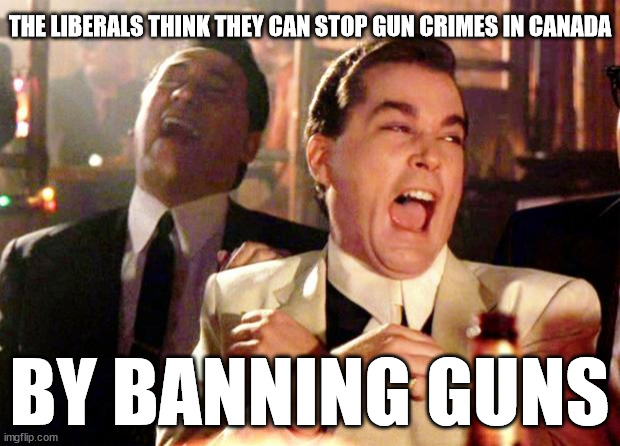 Banning guns | THE LIBERALS THINK THEY CAN STOP GUN CRIMES IN CANADA; BY BANNING GUNS | image tagged in goodfellas laugh,guns,gun control,canada | made w/ Imgflip meme maker