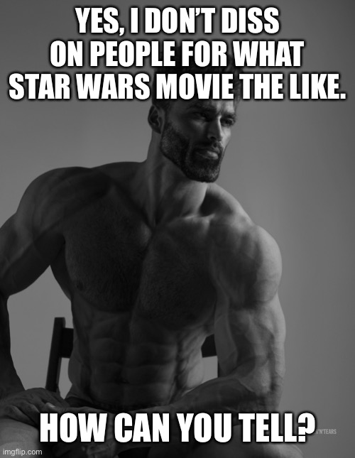 The true gigachad | YES, I DON’T DISS ON PEOPLE FOR WHAT STAR WARS MOVIE THE LIKE. HOW CAN YOU TELL? | image tagged in giga chad | made w/ Imgflip meme maker