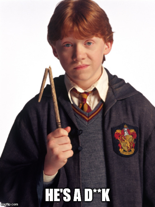 Ron Weasley Broken wand | HE'S A D**K | image tagged in ron weasley broken wand | made w/ Imgflip meme maker